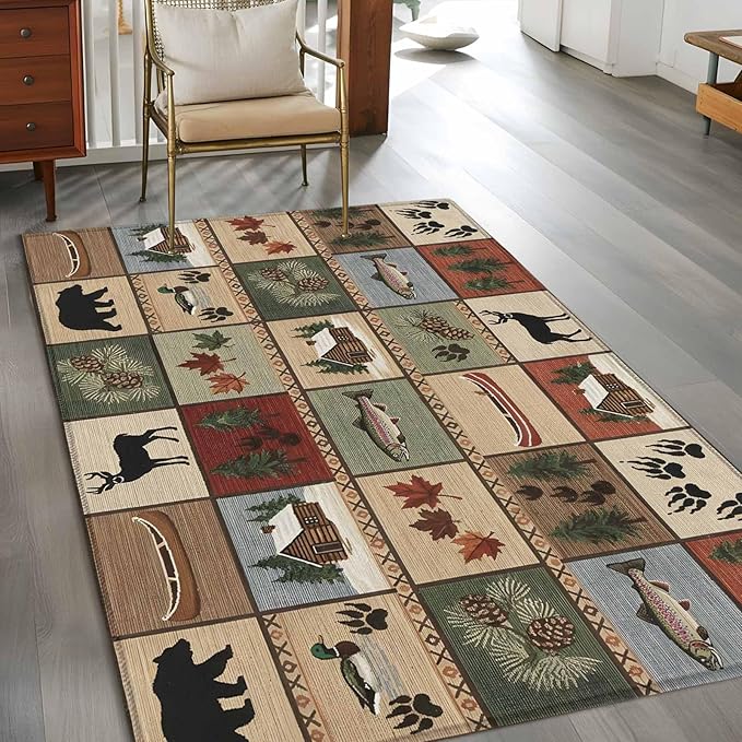 Area Rug 4x6ft, Vintage Bear Forest Deer Fish Village Washable Rugs for Living Room Bedroom, Retro Wildlife Themes Soft Non-Slip Area Rugs Rectangle Floor Carpet for Dining Room