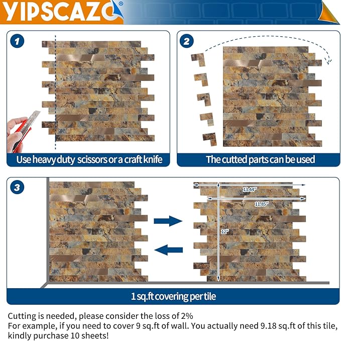 Yipscazo Peel and Stick Stone Metal Backsplash, Stick on Tiles for Backsplash Kitchen (Brown Stone Rock, 5-Pack)