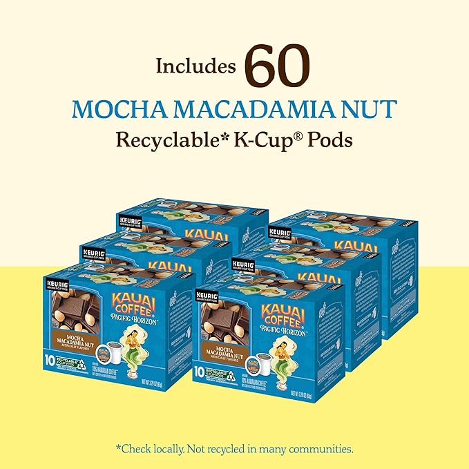 Kauai Coffee K-Cup Pods for Keurig Brewers – Arabica Coffee, 10% Hawaiian – Medium Roast, Savory and Chocolatey Aroma – Mocha Macadamia Nut, 6 Packs of 10 Single Serve K-Cups