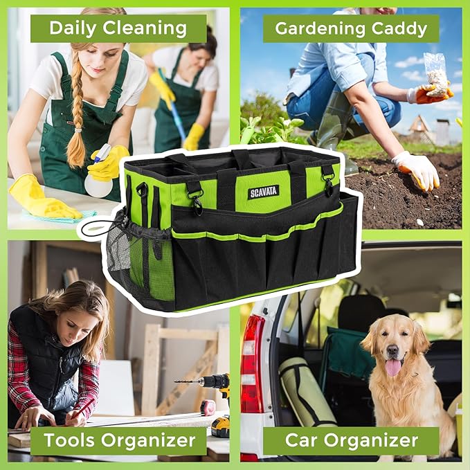 SCAVATA Wearable Cleaning Caddy Bag, Cleaning Caddy Supplies Organizer with Handle & Shoulder Straps for Housekeepers, Under Sink & Car Cleaning Tool Organizers with 4 Foldable Divider (NeonGreen)