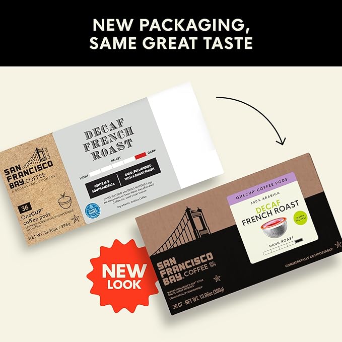 San Francisco Bay Decaf K-Cup Coffee Pods, Decaf French Roast (36 ct), Dark Roast, Commercially Compostable Single-Serve Coffee Pods, Swiss Water Process