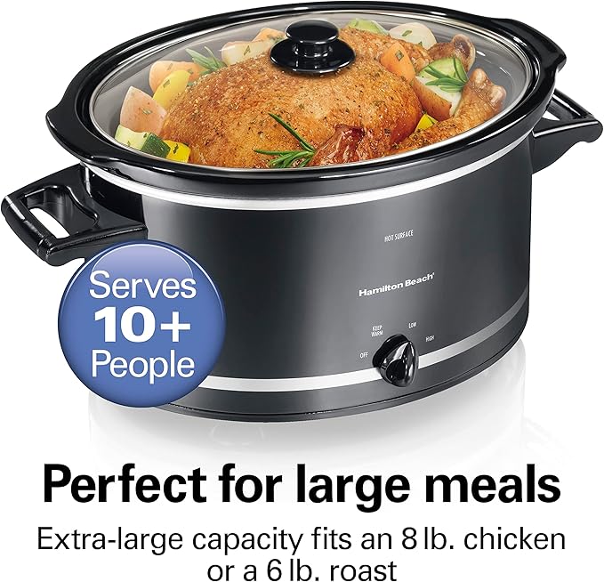 Hamilton Beach Slow Cooker with 3 Cooking Settings, Dishwasher-Safe Stoneware Crock & Glass, 8-Quart Built-In Lid Rest, Black