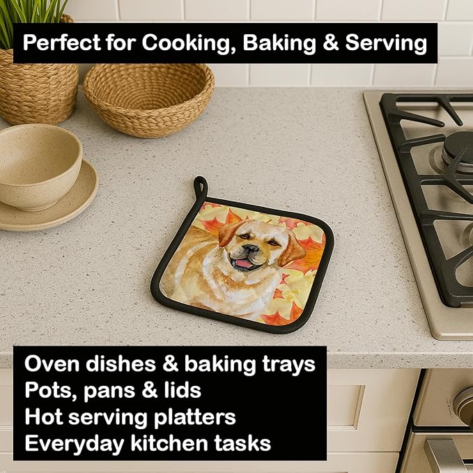 Caroline's Treasures BB9925PTHD Golden Retriever Fall Pair of Pot Holders, Yellow Kitchen Heat Resistant Pot Holders Sets Oven Hot Pads for Cooking Baking BBQ, 7 1/2 x 7 1/2