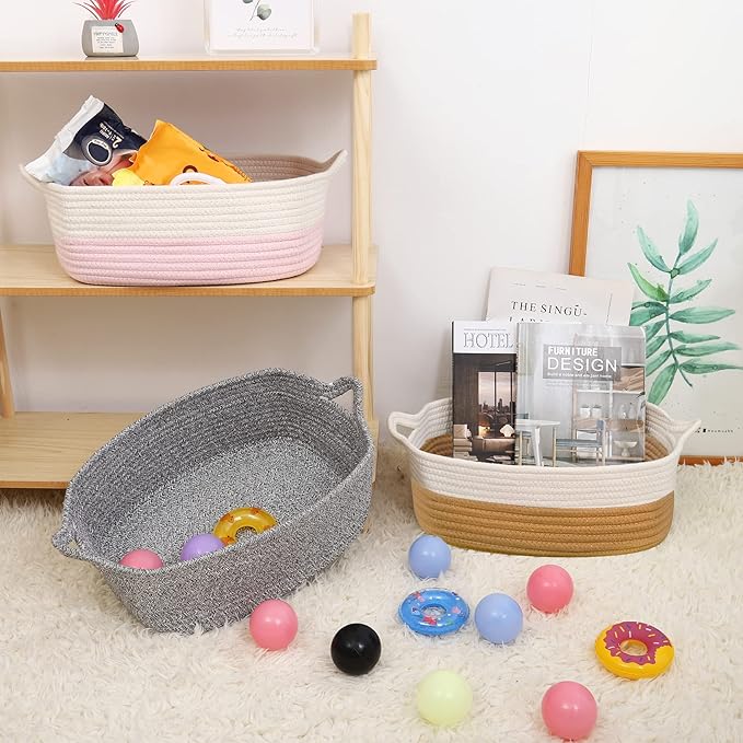 ABenkle Small Storage Basket with Handles, Cotton Rope Woven Dog Cat Toy Bin, Decorative Shelves Closet Organizing for Nursery Laundry Bedroom Bathroom, 14.2''x 11''x 5.1''