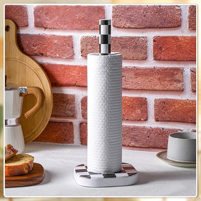 Teenyyou Checkerboard Paper Towel Holder Countertop Wood Standing Paper Roll Holder with Anti Skid Base Black and White Decorative for Kitchen Bathrooms Living Room