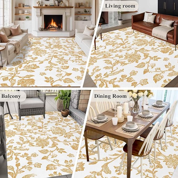 Area Rug 6x9ft, Vintage Farmhouse Flowers Pattern Washable Rugs for Living Room Bedroom, Yellow Floral Art Soft Non-Slip Area Rugs Rectangle Floor Carpet for Dining Room