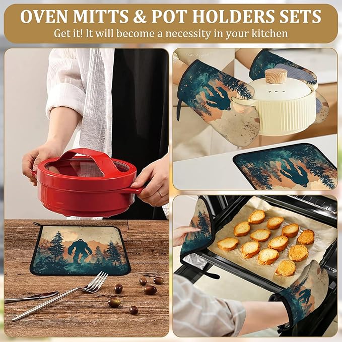 Vintage Bigfoot Forest Oven Mitts and Pot Holders Sets 4Pcs Mountain Silicone Kitchen Gloves Heat Resistant Potholders for Baking Cooking Grilling BBQ