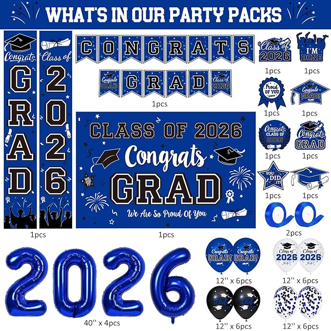 Graduation Decorations Class of 2026 - Blue Themed Graduation Supplies Include Grad Backdrop, Banner, Hanging Swirls, Porch Sign, Balloons, Foil Number 2026 for Congrats Grad Party Decorations