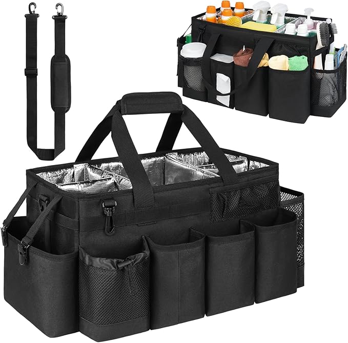 Cleaning Caddy Bag, Extra Large Cleaning Supplies Organizer for Housekeepers, Housekeeping Caddy with Handle and Detachable Padded Cushion, Black