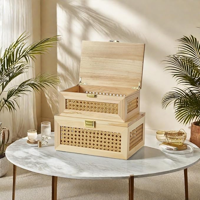 Decorative Rattan Storage Boxes Solid Wood Woven Baskets Bins with Lid Keepsake Memory Jewelry Box Natural Boho Shelf Wicker Closet Desk Organizer Container (Light Wood, Small Size)