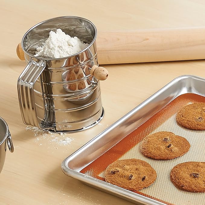 Mrs. Anderson's Baking Hand Crank Flour Sifter, Stainless Steel, 3-Cup Capacity, For Breaking Up Clumps And Aerating Flour And Powdered Sugar