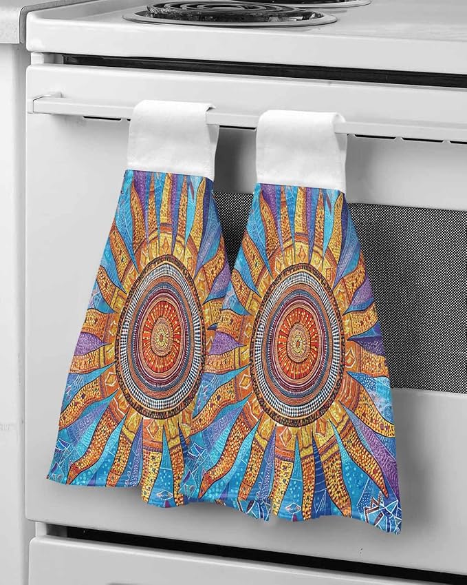 Alandar Home Kitchen Tie Towel Set of 2, Abstract Boho Sun Floral Absorbent Soft Hand Towels for Bathroom Hanging Towels, Retro Bohemian Pattern Fast Drying Cleaning Cloth with Loop