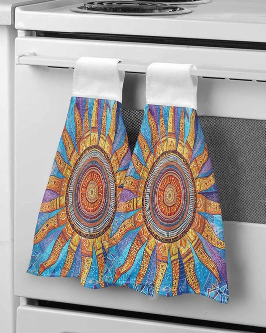 Alandar Home Kitchen Tie Towel Set of 2, Abstract Boho Sun Floral Absorbent Soft Hand Towels for Bathroom Hanging Towels, Retro Bohemian Pattern Fast Drying Cleaning Cloth with Loop