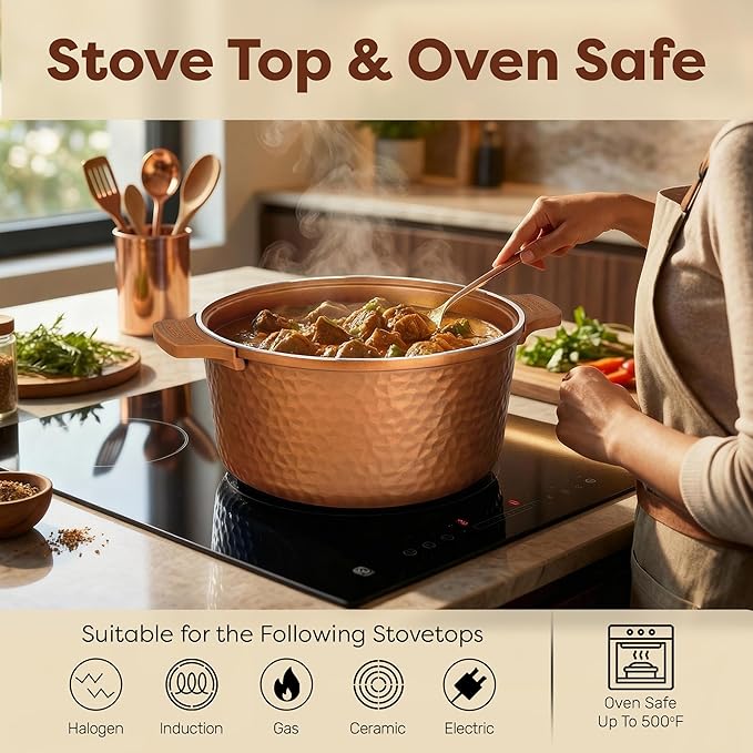 Gotham Steel Hammered 5 Qt Lightweight Dutch Oven Pot with Lid & Holders, Ceramic Non Toxic, Oven Safe & Even Heat Retaining Dutch Oven for Bread Baking Sourdough, Soup, 70% Lighter than Cast Iron