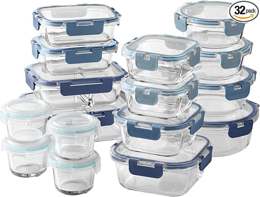 COOK WITH COLOR Premium 32-Pc. Borosilicate Glass Food Container Set with Dividers - 4 Rectangles, 8 Rounds, 4 Squares - Leakproof Lids - Meal Prep, Storage, Blue