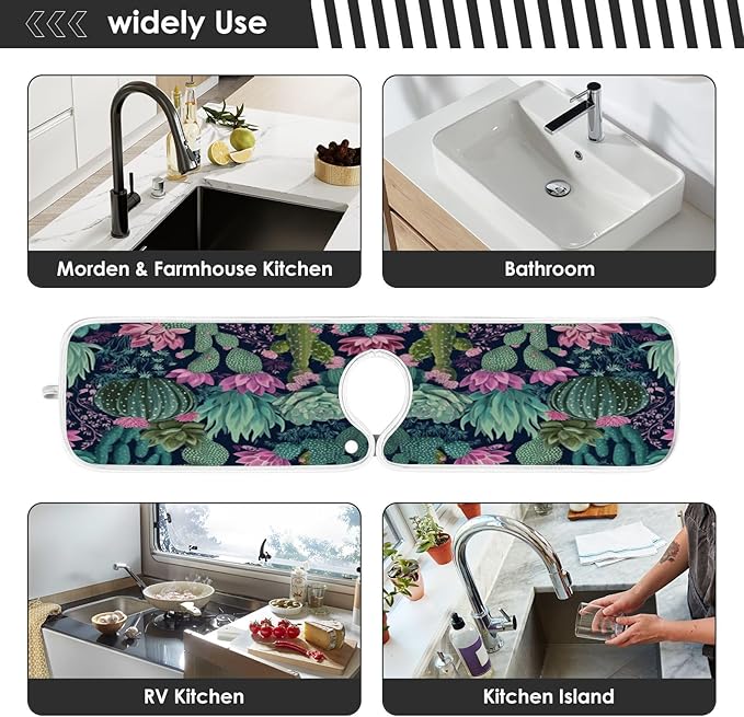 Kitchen Faucet Absorbent Mat,Succulent Plants Cactus Water Splash Guard for Sink, Faucet Drip Catcher Thicken Sponge Microfiber Faucet Water Catcher Mat Sink Absorbent Mat for Kitchen 23x5in 2Pack