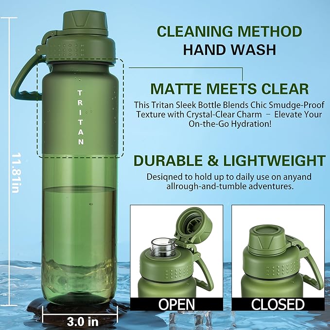 OLDLEY 32oz Frosted Clear Water Bottle, BPA-Free Tritan Plastic Reusable Water Bottle with Fast-Flow Spout Lid, Wide Mouth Leakproof Sports Drinking Bottle for Gym, School, Office, Travel,Olive green