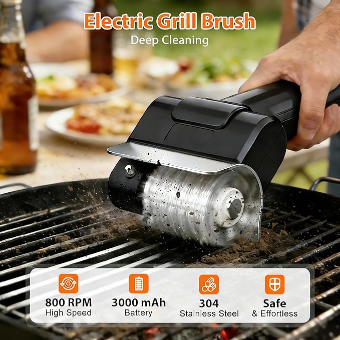 Electric Grill Brush - BBQ Grill Cleaning Tools with 800 RPM Brush Head,3000mAh Battery and 304 Stainless Steel Bristles, Cordless Rechargeable Grill Cleaner for Outdoor (Black)
