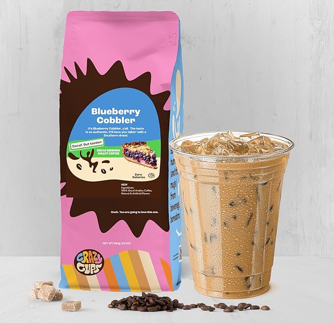 Crazy Cups Flavored Ground Decaf Blueberry Coffee, Decaffeinated Blueberry Cobbler Coffee in 10 oz Bag, For Brewing Flavored Hot or Iced (Pack of 1)