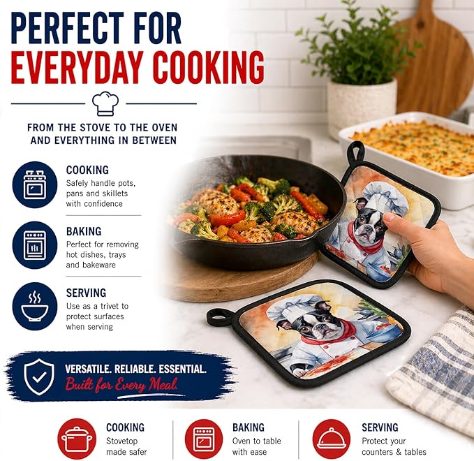 Caroline's Treasures Boston Terrier The Chef Pair of Pot Holders Kitchen Heat Resistant Pot Holders Sets Oven Hot Pads for Cooking Baking BBQ, 7 1/2 x 7 1/2
