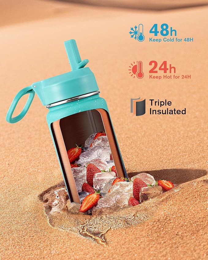 Coolflask Water Bottle 24 oz Insulated with Straw, Stainless Steel Metal 3 Lids Water Flask Wide Mouth for Sports or Office, Non-BPA Keep Cold Up to 48 Hrs or Hot Up to 24 Hrs, Glacier Blue