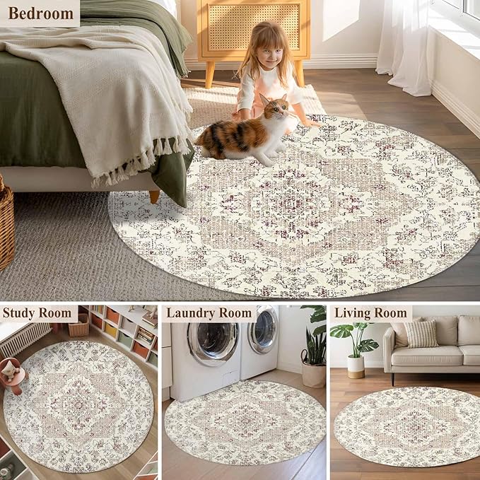 Beige Boho 3.3ft Round Rug, Vintage Ethnic Floral Non-Skid Rubber Backing Large Area Rugs - Living Room Bedroom Home Office, Abstract Art Geometric Indoor Floor Mat Carpets Washable Rug
