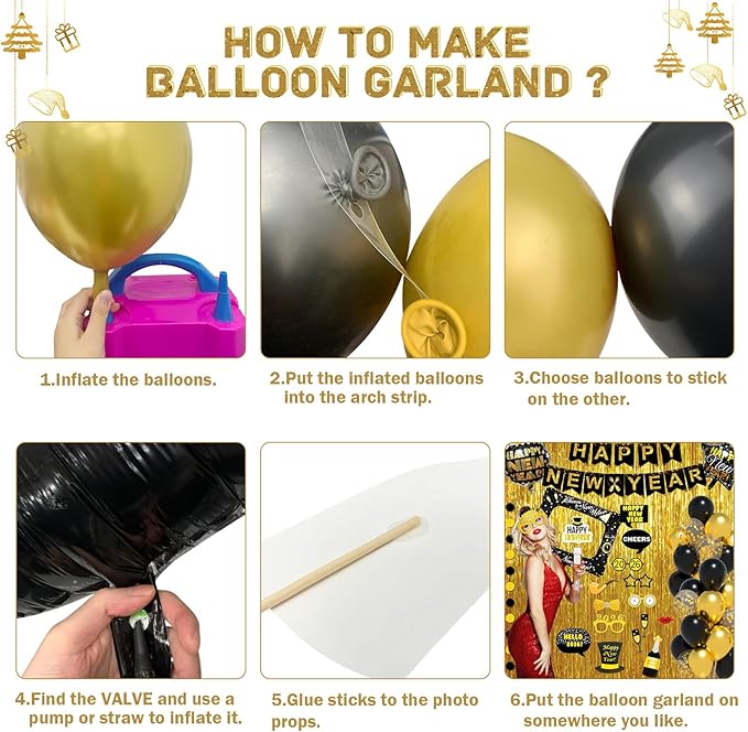 Happy New Year Decorations 2026 - New Year Eve Party Supplies with Glitter Fringe Curtain/ new Years Eve Balloons/ Happy new year Banner Foil Balloons/ 1 Sets Photo Booth Props & Dots Garlands