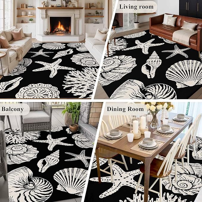 Area Rug 6x9ft, Marine Starfish Shell Conch Washable Rugs for Living Room Bedroom, Ocean Life on Black Soft Non-Slip Area Rugs Rectangle Floor Carpet for Dining Room