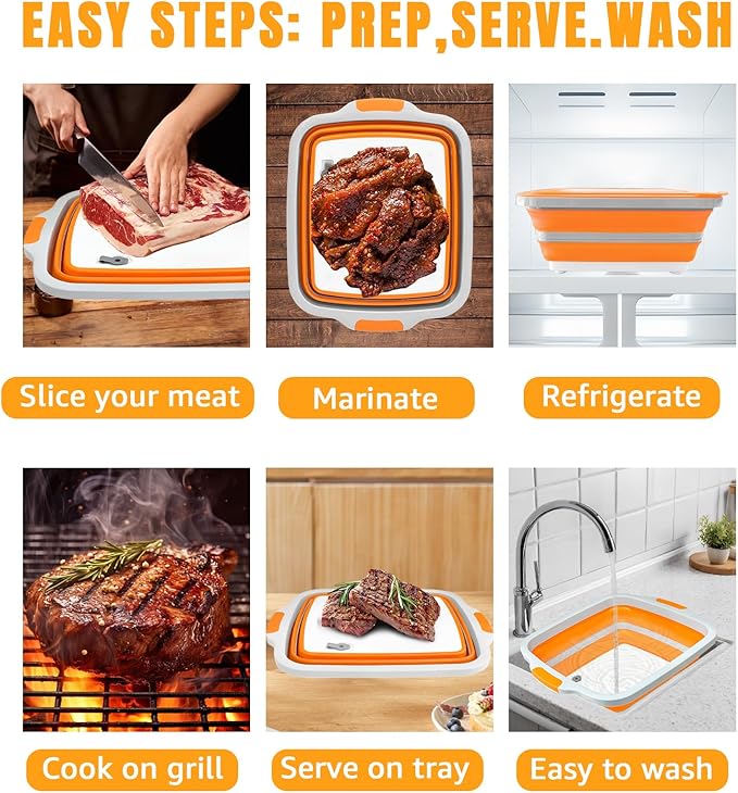 Collapsible BBQ Prep Tub with Locking Cutting Board Lid & Strainer – Portable Grill Prep Station for Marinating & Food Prep, Foldable Camping Sink for BBQ, Picnic & Outdoor Cooking (Orange)