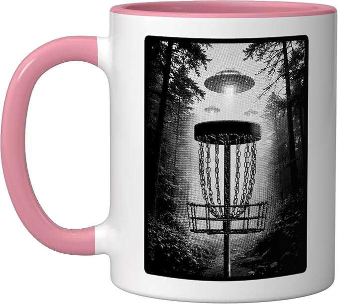 Disc Golf Basket UFO Selfie Funny Alien Wooded Hole Course Ceramic Mug, Pink/White