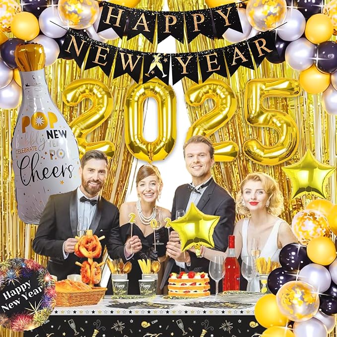 New Years Eve Party Supplies 2025, 69 PCS Kit: Gold & Black Balloons, Banners, Curtains & More for New Year Celebration