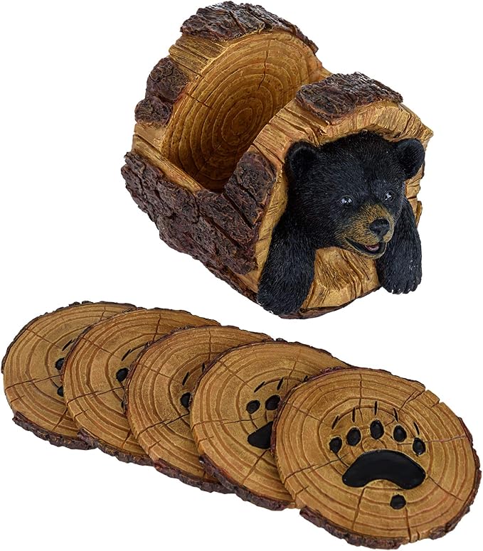 Black Bear Rustic Log Coaster Set - Drink Holders for Home Decor - Bear Print Cabin Coasters