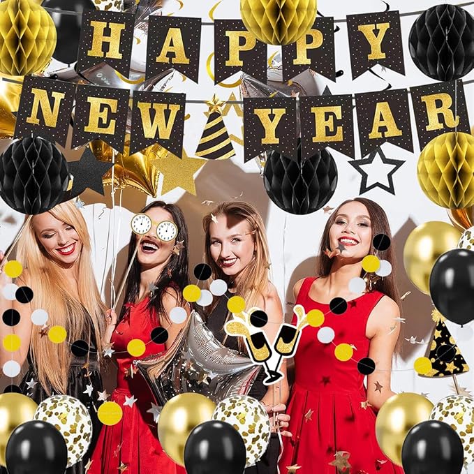 New Year's Eve Party Supplies 2026 - Happy New Year Banner, Balloons, Star Foil Streamers and Dot Garlant with Black Gold Honeycomb Ball Backdrop for 2026 New Year Decorations