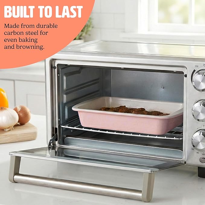 Tasty Nonstick Toaster Oven Baking Set Includes Cake Pan, Oven Tray, Rack, Carbon Steel Bakeware, 3-Piece Set, Pink