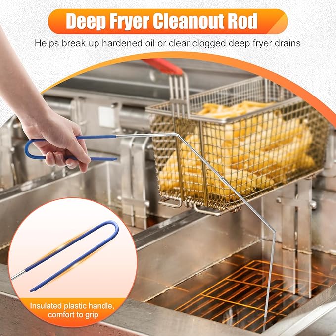 Fryer Cleaning Tool 5 Piece Set, Deep Fryer Basket Brush, Long Handle L-Shaped & Straight Crevice Cleaning Brush, Cleanout Rod Kit and V-Shaped Strainer Scoop for Restaurant, Kitchen Maintenance
