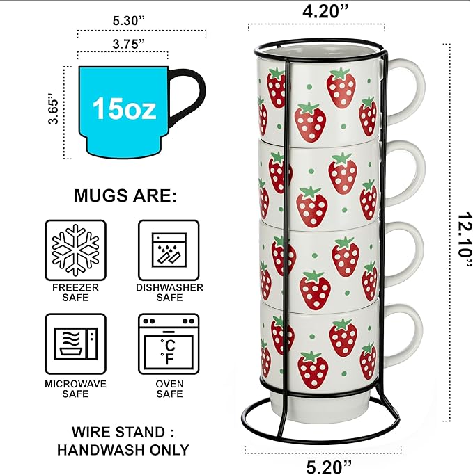 Signature Housewares Stackable Coffee Mug Tower Set with Metal Wire Rack - 15 Ounce Coffee Mugs for Coffee, Tea, Cocoa, Milk, Cappuccino, Hot Chocolate Set of 4 - Strawberry Pattern