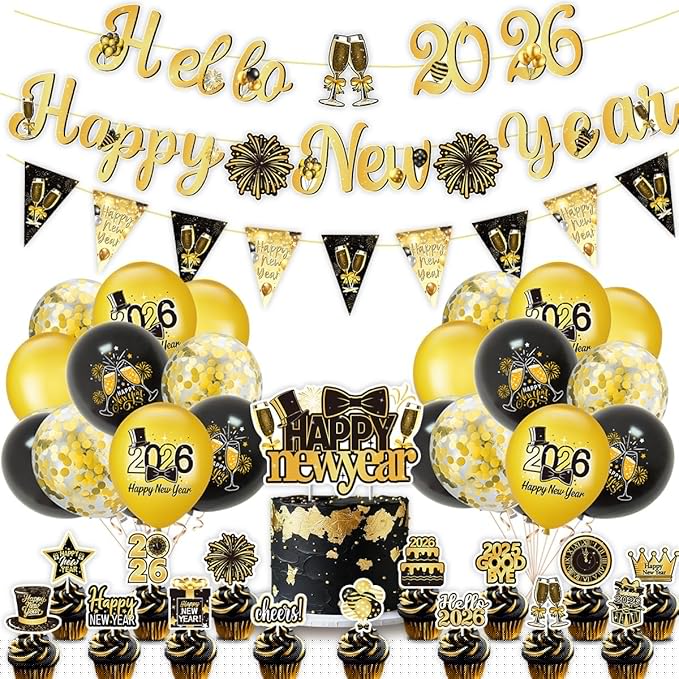 2026 New Year Party Decorations Set, Gold and Black Balloons, Banners, Cupcake Toppers, Happy New Year Theme Pack
