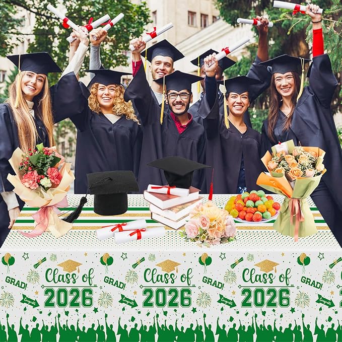 Graduation Decorations Class of 2026 Tablecloth - 3 Pcs Plastic Congrats Grad Table Cloth, Graduation Table Cover for Graduations Party Decorations 2026 and Party Supplies, 54"x108" (Green and Gold)
