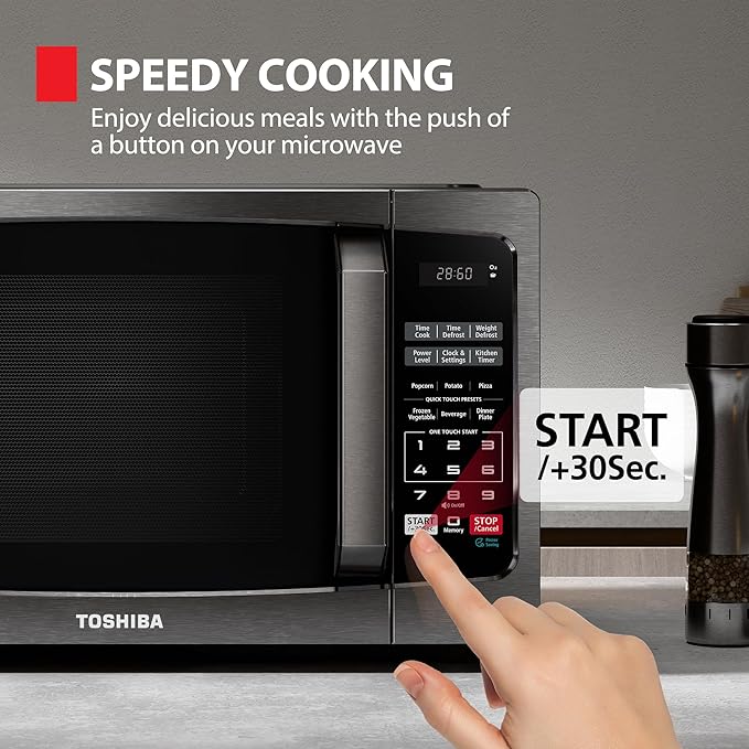 TOSHIBA ML-EM09PA(BS) Small Microwave Oven with 6 Auto Menus, Mute Function, LED Lighting Countertop Microwave Perfect for Kitchen, 0.9 Cu Ft, 10.6 Inch Removable Turntable, 900W Black Stainless Steel