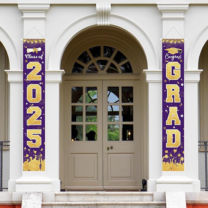 2026 Graduation Party Decorations - Purple Gold Class of 2026 Congrats Grad Porch Sign Banner Hanging Flag Graduation Party Supplies for School College Classroom Decor