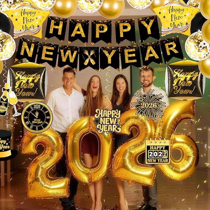 70Pcs 2026 Happy New Years Decorations Set, Black Gold New Years Eve Party Supplies 2026 with Banner 2026 Balloons Paper Glasses Photo Props Hanging Swirls for 2026 New Year Decorations