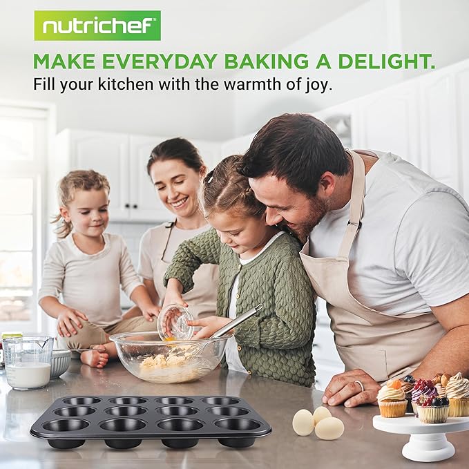 NutriChef 13” Non-Stick Muffin Baking Pan - Premium Dark Gray Carbon Steel Bake Tray, Commercial Grade Restaurant Quality Metal Bakeware - Dishwasher Safe