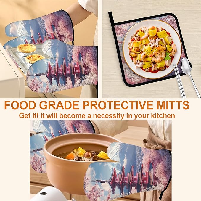 Cherry Blossom Mount Fuji Oven Mitts & Potholder Set of 4 - Heat Resistant Kitchen Gloves Hot Pads for Baking, Cooking, Gifts for Women