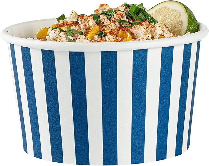 Coppetta 12 Ounce Dessert Cups, 200 Disposable Ice Cream Cups - Lids Sold Separately, Sturdy, Blue And White Paper FroYo Bowls, Striped, For Hot And Cold Foods, Perfect For Gelato - Restaurantware