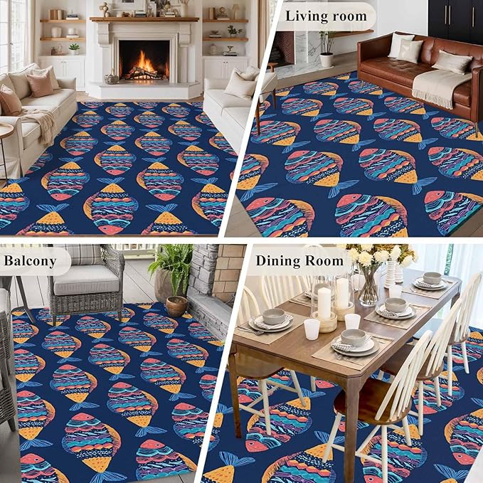Area Rug 6x9ft, Ethnic Style Ocean Fish Washable Rugs for Living Room Bedroom, Watercolor Marine Life on Navy Blue Soft Non-Slip Area Rugs Rectangle Floor Carpet for Dining Room