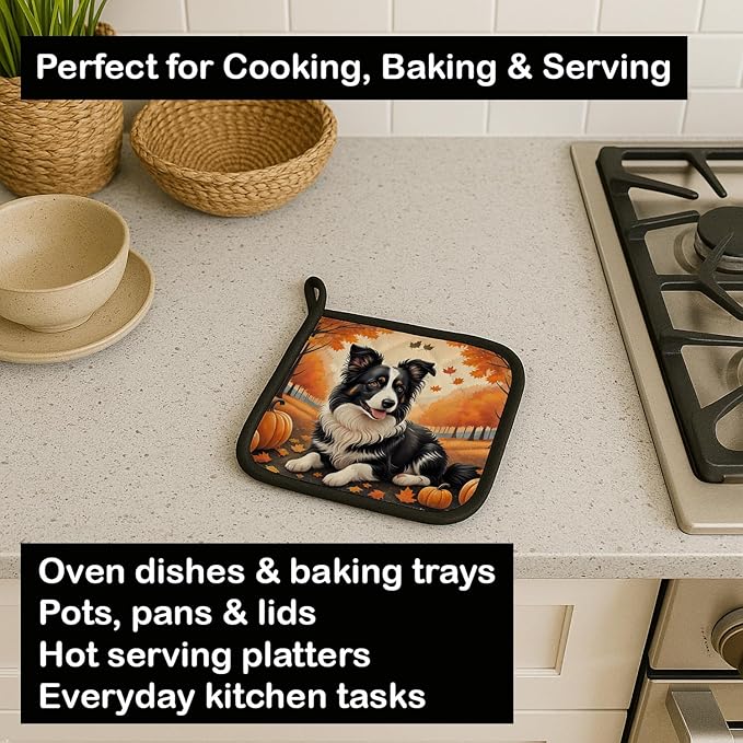 Caroline's Treasures DAC1022PTHD Border Collie Fall Pair of Pot Holders Kitchen Heat Resistant Pot Holders Sets Oven Hot Pads for Cooking Baking BBQ, 7 1/2 x 7 1/2