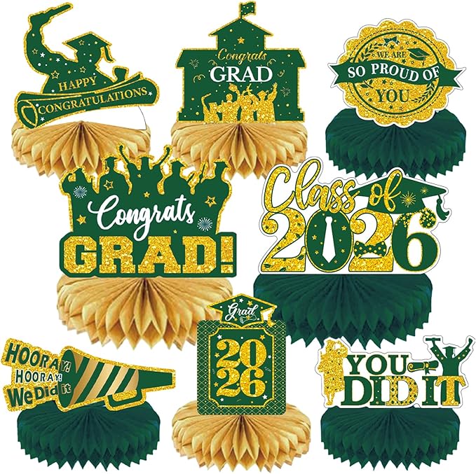 2026 Graduation Party Decorations - 8 Pcs Green Gold Class of 2026 Graduation Table Centerpieces for Tables Congratulate for 2026 Congrats Grad Party Supplies
