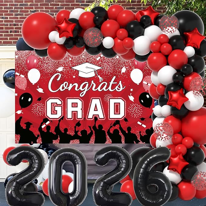 Graduation Decorations Class of 2026: Red and Black Graduation Balloons Arch Kit 2026 Party Decorartion with Congrats Grad Backdrop Party Supplies for High School & College Celebrations