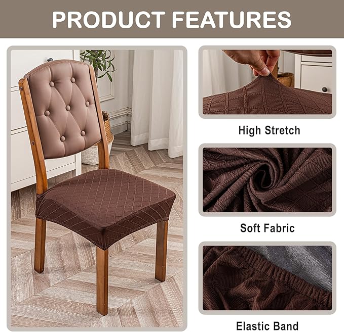 Genina Waterproof Seat Covers for Chairs,Set of 2 Dining Room Chair Seat Covers for Kitchen,Stretch Jacquard Removable Washable Dining Chair Slipcovers Protectors with Rear Covers, Chocolate