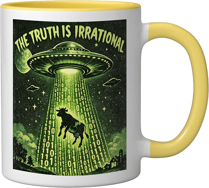 UFO The Truth Is Irrational Cow Abduction 3.14 Math Pi Day Ceramic Mug, Yellow/White
